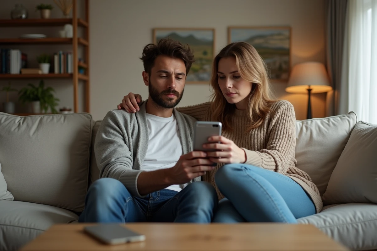 Couple vérifiant ensemble la fiabilité d'un site internet sur mobile à la maison