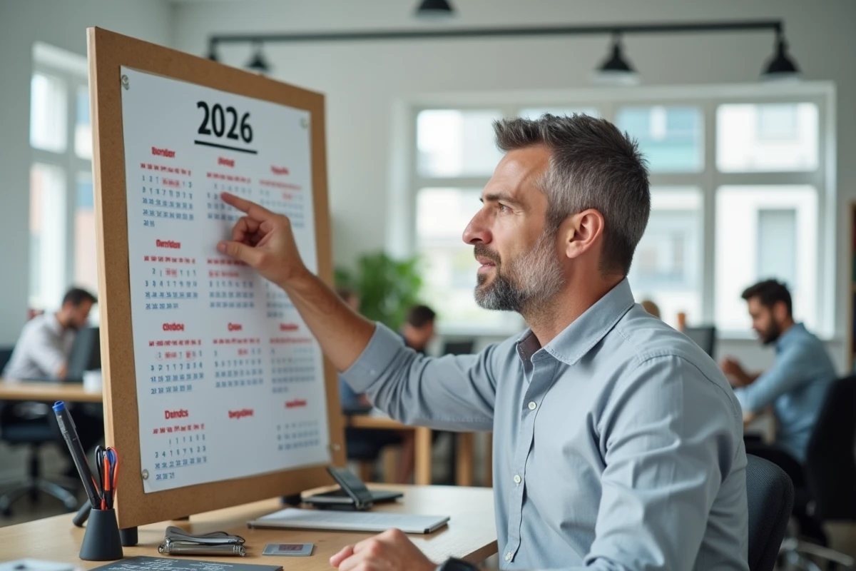 Employé de bureau consultant un calendrier 2026 accroché au mur pour optimiser ses jours de congé et ponts fériés