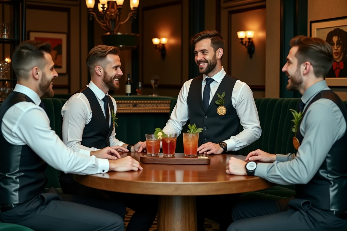 Groupe d'hommes en EVG autour d'un bar à cocktails dans un speakeasy moderne à Lille