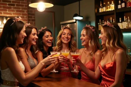 Groupe de jeunes femmes en EVJF trinquant avec des cocktails colorés dans un bar élégant à Lille
