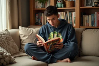 Jeune fan de manga isekai lisant un volume de fantasy avec des figurines en arrière-plan dans un appartement cosy