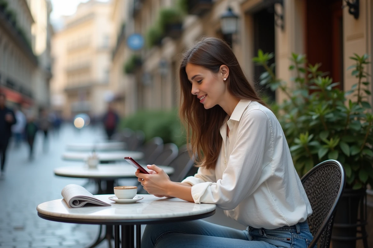Femme parcourant un blog sur smartphone à une terrasse de café avec ambiance urbaine