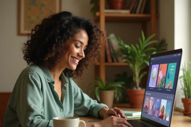 Femme créant une cybercarte animée professionnelle sur son ordinateur portable dans un bureau à domicile chaleureux