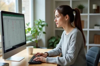 Femme utilisant Excel pour convertir des dates en chiffres romains dans une formule de tableur