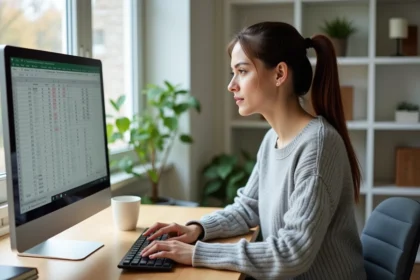 Femme utilisant Excel pour convertir des dates en chiffres romains dans une formule de tableur