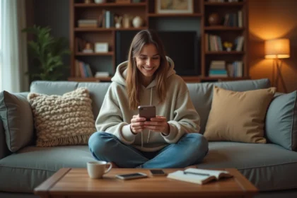 Jeune femme enthousiaste découvrant un lien gratuit Coin Master sur son smartphone dans son salon