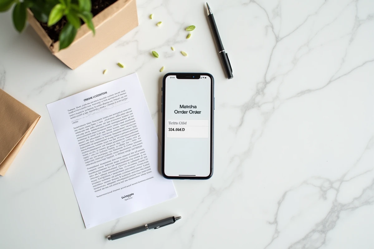 Vue aérienne d'un smartphone affichant une commande Carrefour Drive avec un code promo et les conditions générales imprimées sur un comptoir en marbre