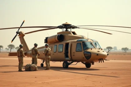 Hélicoptère militaire français Caracal sur une base avancée au Sahel avec équipage au sol effectuant une inspection pré-vol