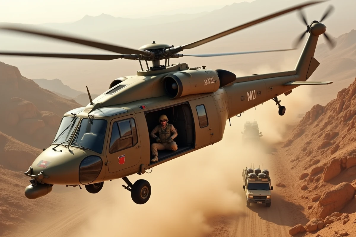 Hélicoptère militaire français en vol tactique à basse altitude au-dessus d'un terrain aride lors d'une opération extérieure