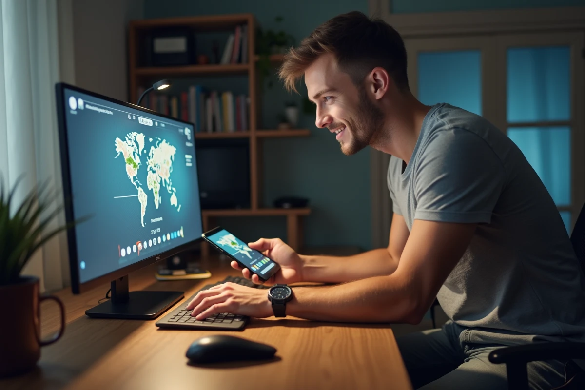 Homme concentré utilisant un ordinateur portable et un smartphone pour accéder à des liens Coin Master gratuits depuis son bureau
