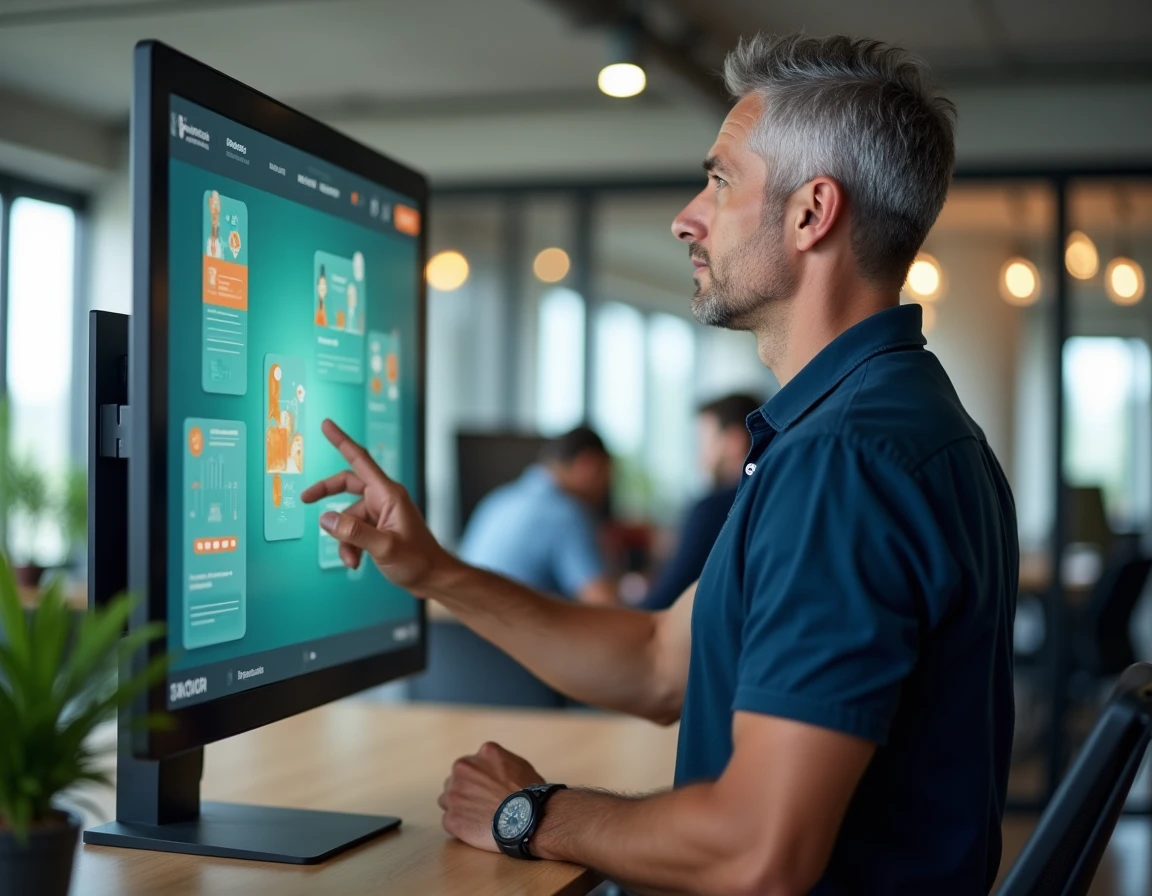 Homme utilisant un écran tactile dans un bureau moderne pour concevoir une carte virtuelle animée sans compétences techniques