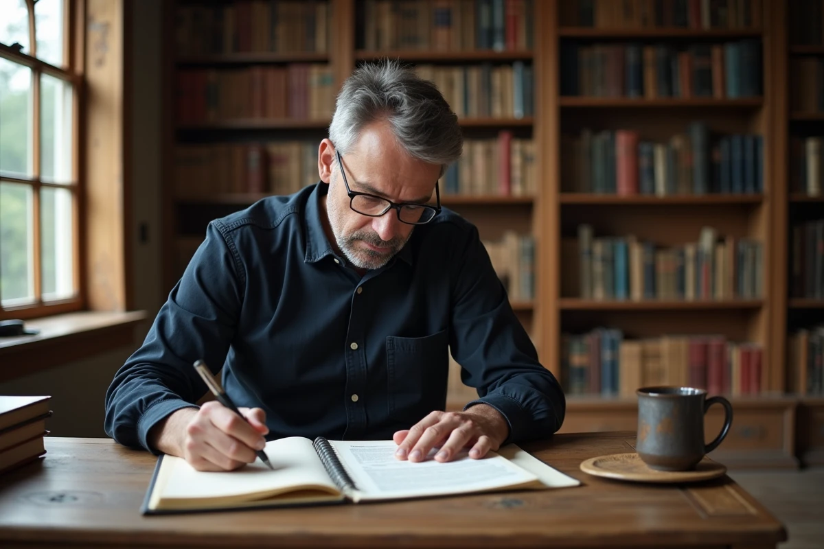Homme prenant des notes manuscrites dans une bibliothèque studieuse en lisant un article de blog