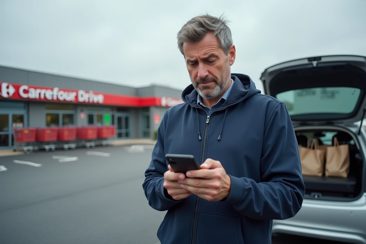 Homme consultant son smartphone devant un point de retrait Carrefour Drive en parking, vérifiant un code promotionnel