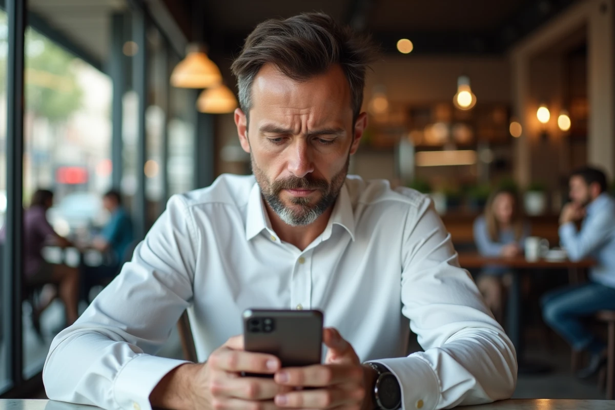 Homme consultant son smartphone dans un café pour vérifier la fiabilité d'un site marchand suspect