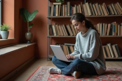 Jeune femme lisant un blog littéraire sur son ordinateur portable entourée de livres et de carnets
