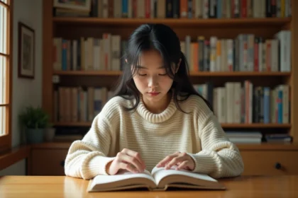 Jeune femme lisant un manga japonais à son bureau, entourée de bibliothèques remplies de volumes manga
