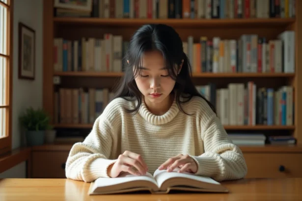Jeune femme lisant un manga japonais à son bureau, entourée de bibliothèques remplies de volumes manga