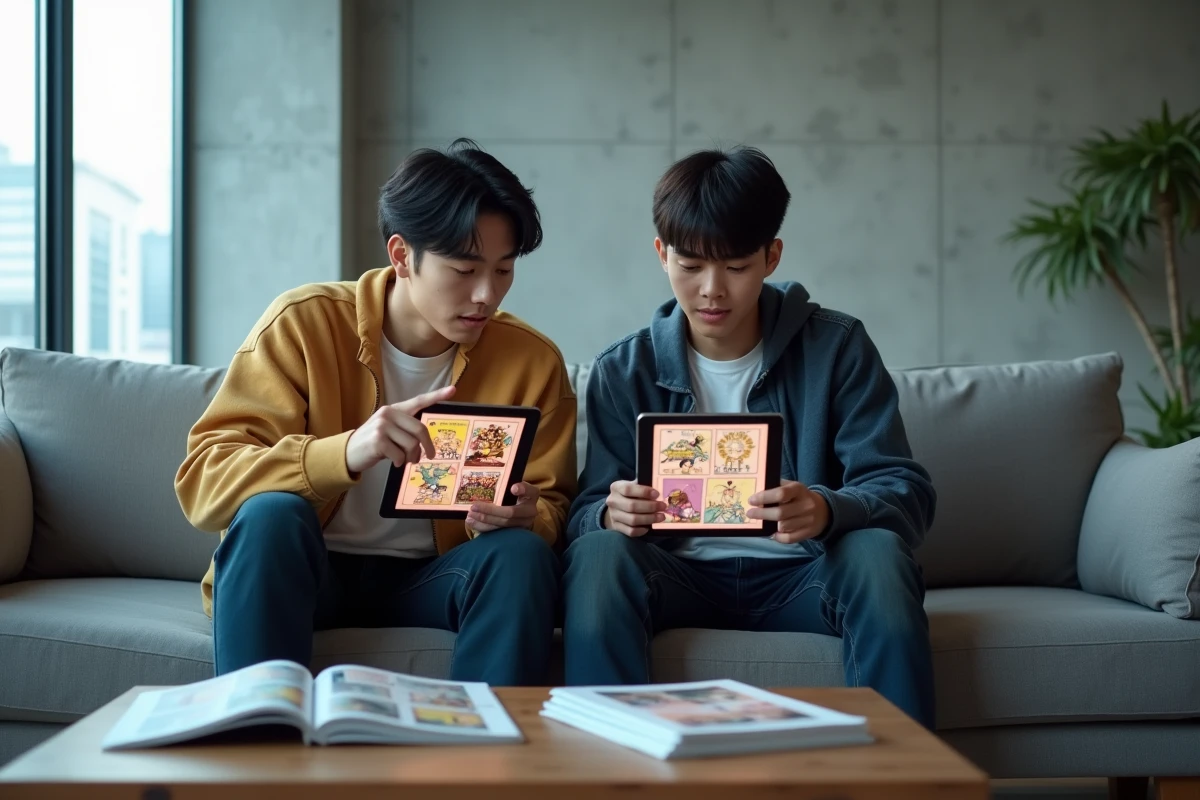 Deux jeunes hommes lisant des webtoons coréens sur tablette dans un appartement moderne avec des manhwas posés sur la table