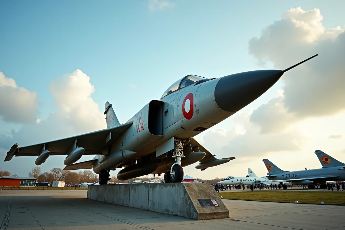 Ancien chasseur monoréacteur français exposé en plein air dans un musée de l'aviation avec son insigne tricolore