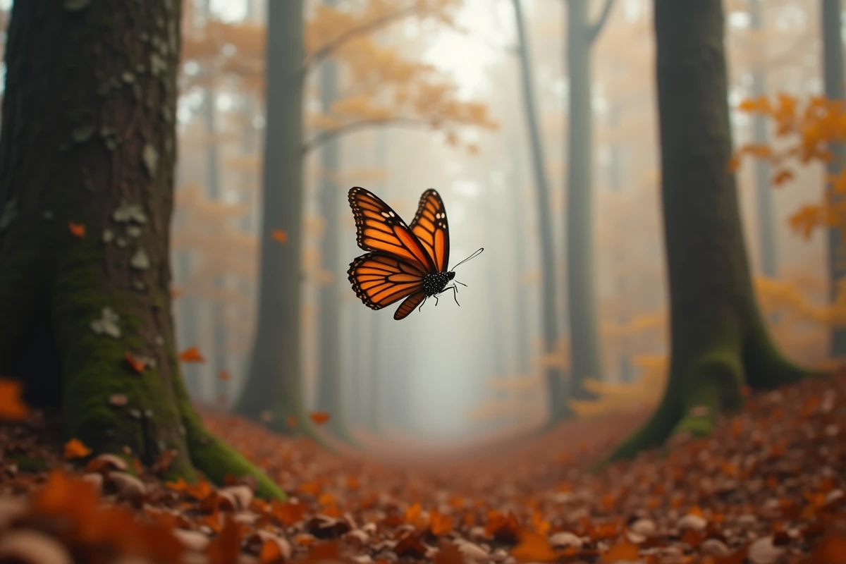 Papillon marron en vol dans une forêt automnale brumeuse aux tons ambrés, évoquant une signification spirituelle