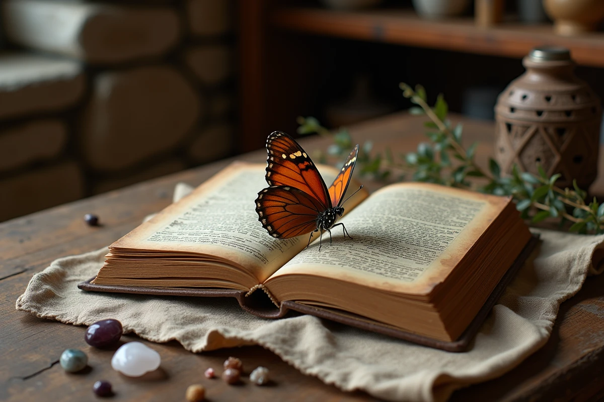Papillon marron posé sur un vieux livre ésotérique entouré de cristaux et d'herbes séchées sur une table en bois
