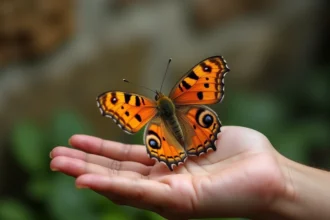 Papillon marron aux ailes détaillées posé sur une main ouverte dans un jardin, symbolisant un signe ésotérique