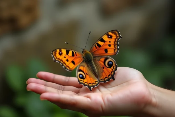 Papillon marron aux ailes détaillées posé sur une main ouverte dans un jardin, symbolisant un signe ésotérique