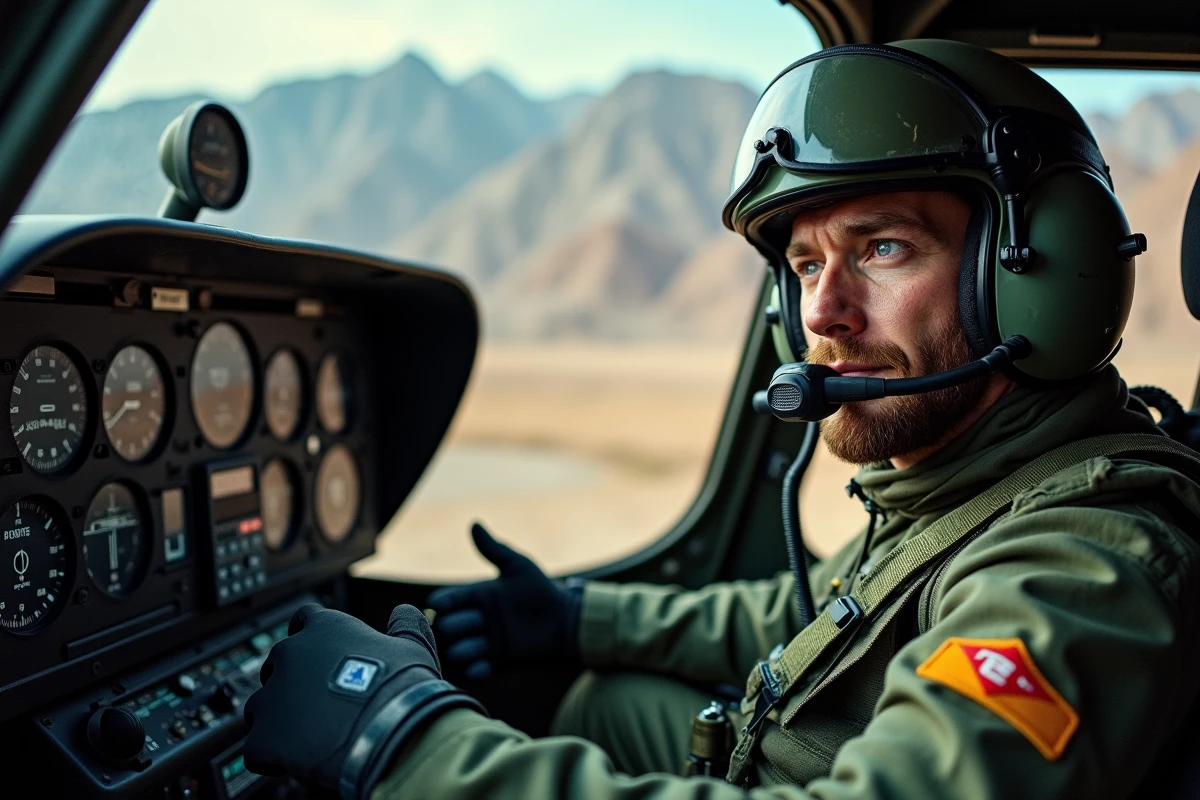 Pilote de l'armée française aux commandes d'un hélicoptère militaire en mission opérationnelle extérieure vue cockpit