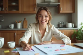 Femme planifiant ses ponts et jours fériés 2026 avec un calendrier papier et des marqueurs colorés sur une table en bois