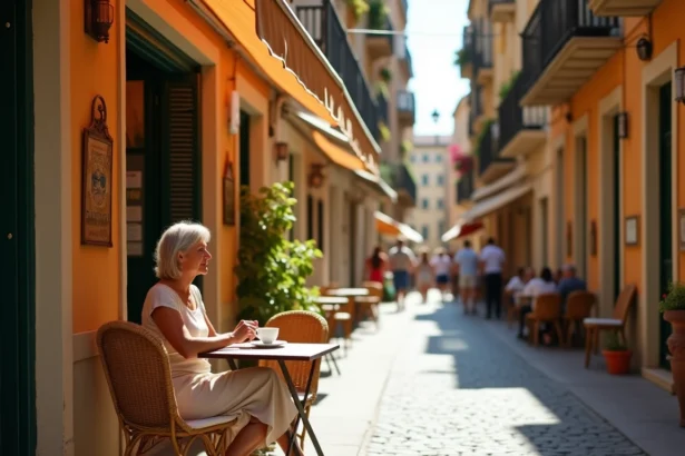 Terrasse de café typique sur la Rue d'Angleterre à Nice avec façades colorées et passants