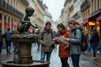 Touristes découvrant le Manneken Pis sur les pavés du centre historique de Bruxelles