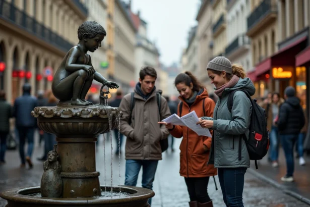 Touristes découvrant le Manneken Pis sur les pavés du centre historique de Bruxelles