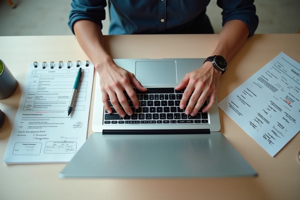 Mains tapant sur un clavier avec une carte bancaire et une commande en ligne posées sur le bureau pour illustrer les risques d'achat en ligne