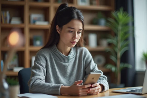 Femme vérifiant la sécurité d'un site web sur son smartphone avant de cliquer