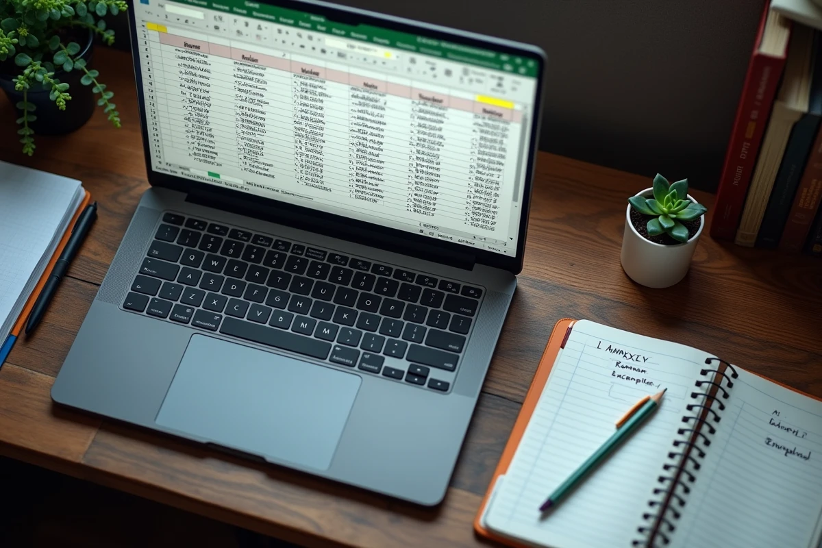 Vue aérienne d'un ordinateur portable affichant une feuille Excel avec des dates converties en chiffres romains