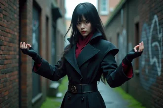Cosplayer en costume d'araignée inspiré de Hunter x Hunter posant dans une ruelle urbaine sombre avec des accents rouges et une posture menaçante évoquant les pouvoirs Nen