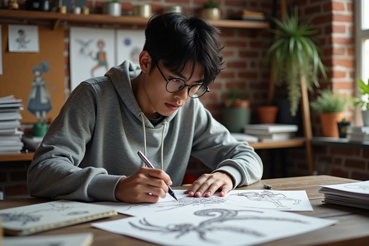 Artiste dessinant des personnages de l'Araignée de Hunter x Hunter avec des références aux types de pouvoirs Nen sur son bureau de création manga