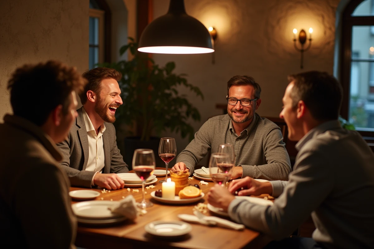 Groupe d'amis riant autour d'une table après un dîner, ambiance détendue et blague bien reçue