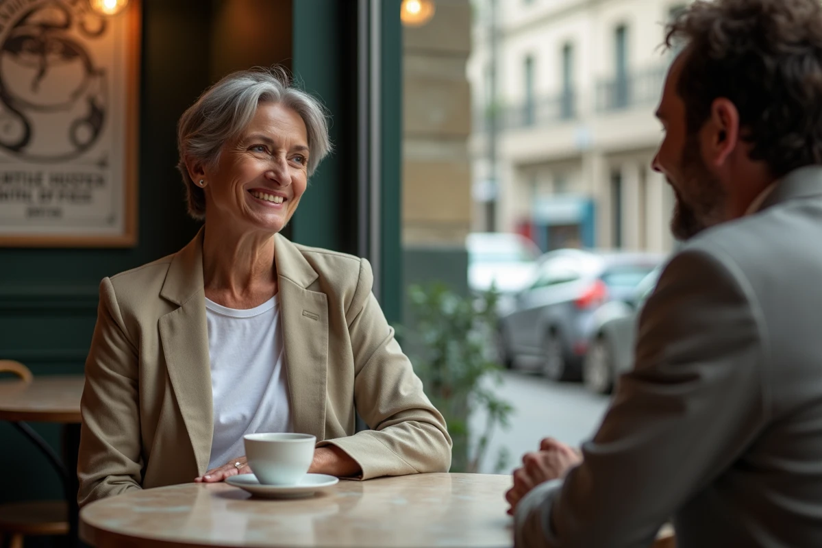Femme partageant une blague osée avec humour et tact autour d'un café avec une amie