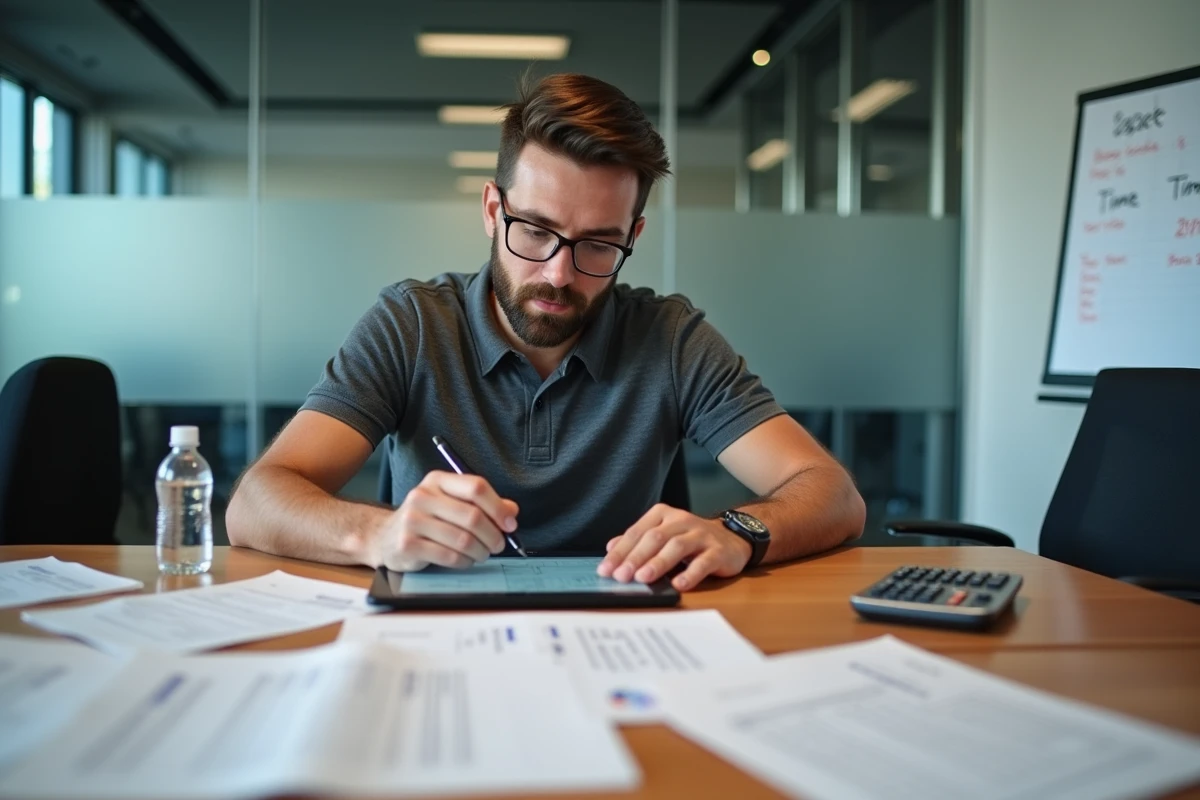 Homme professionnel calculant des conversions heures minutes sur une tablette avec des feuilles de temps étalées