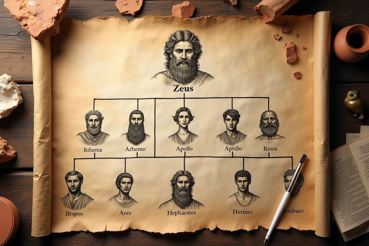 Carte généalogique illustrée à la main représentant Zeus au centre de sa famille olympienne avec tous les dieux et déesses reliés par des branches
