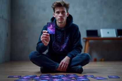 Joueur adulte tenant une carte Pokémon de type Psy holographique dans une pièce moderne minimaliste, entouré de cartes éparpillées aux reflets violets et bleus