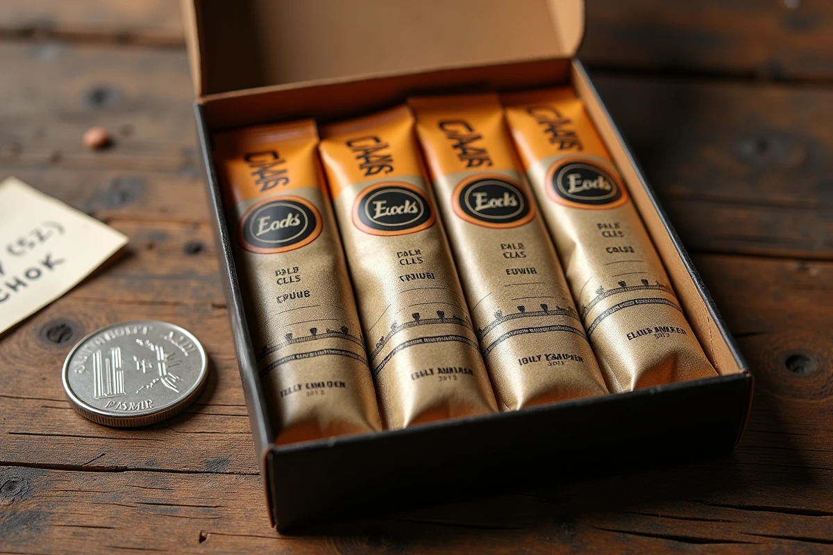 Vue de dessus d'une cartouche ouverte de tabac à rouler avec plusieurs pochettes et pièces en euros sur une table en bois