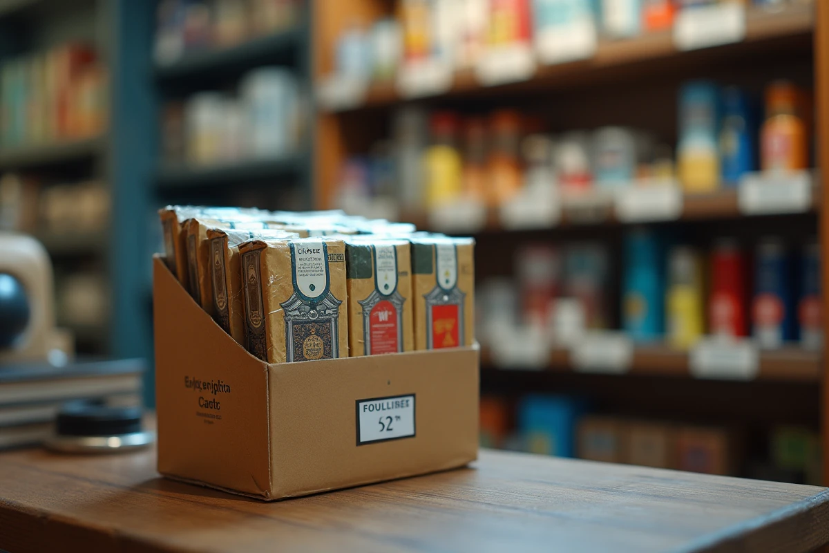 Cartouche de tabac à rouler exposée sur le comptoir d'un bureau de tabac français avec étiquette de prix
