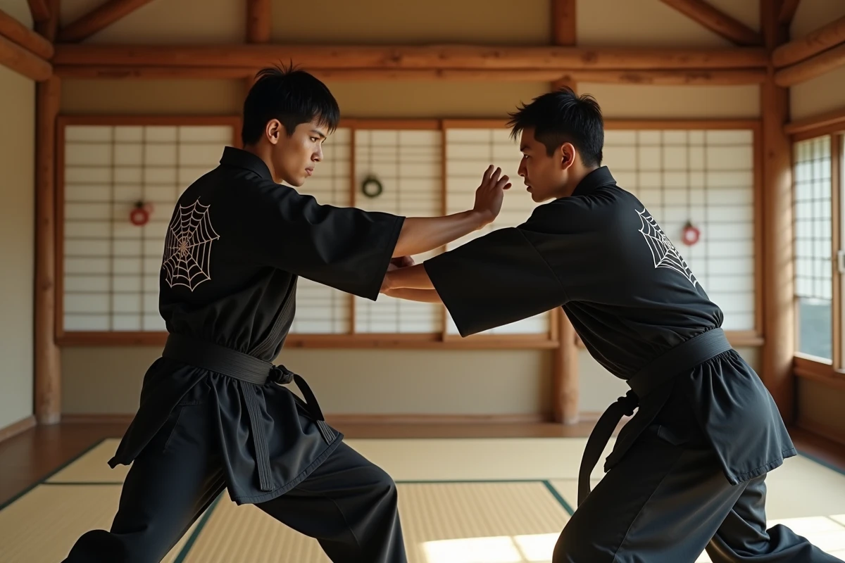 Deux pratiquants d'arts martiaux en gi noir s'affrontent dans un dojo en bois évoquant les stratégies de combat et les capacités Nen de l'Araignée dans Hunter x Hunter
