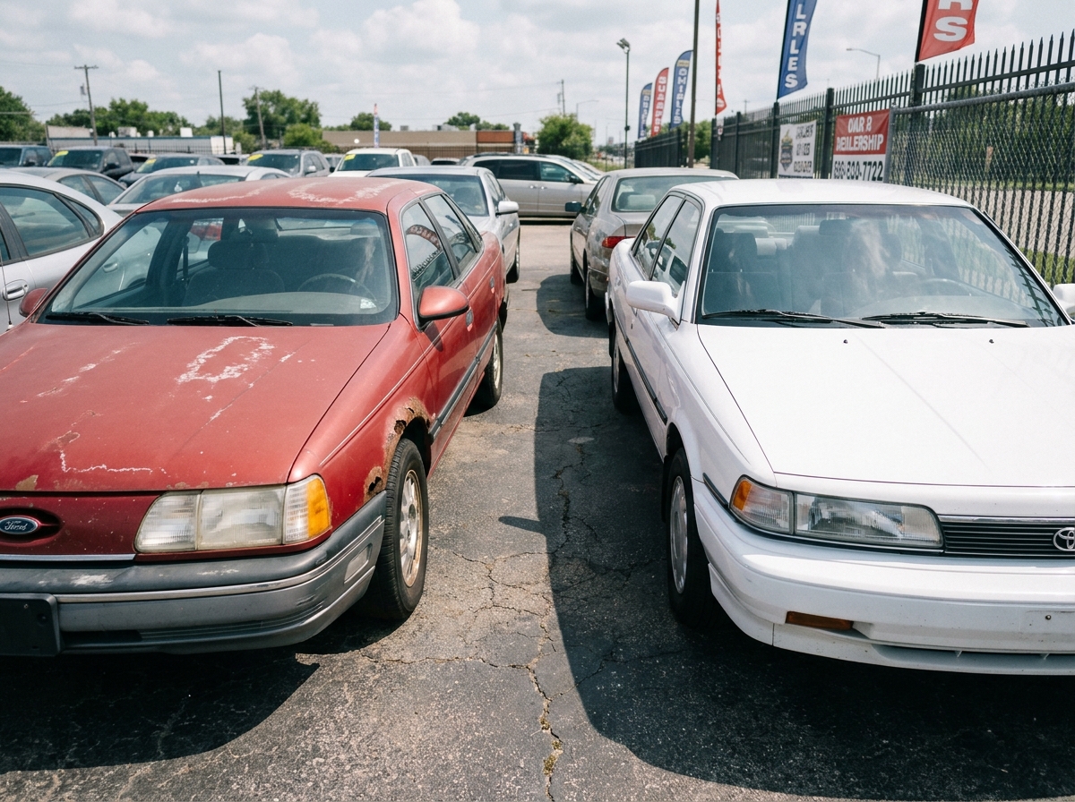 Comparaison entre une carrosserie abîmée et une carrosserie bien entretenue sur un parking de revente automobile