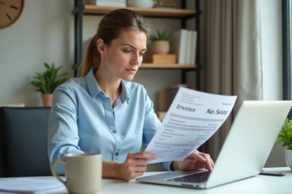 Femme consultant une facture et un ordinateur portable pour effectuer une conversion minutes heures précise