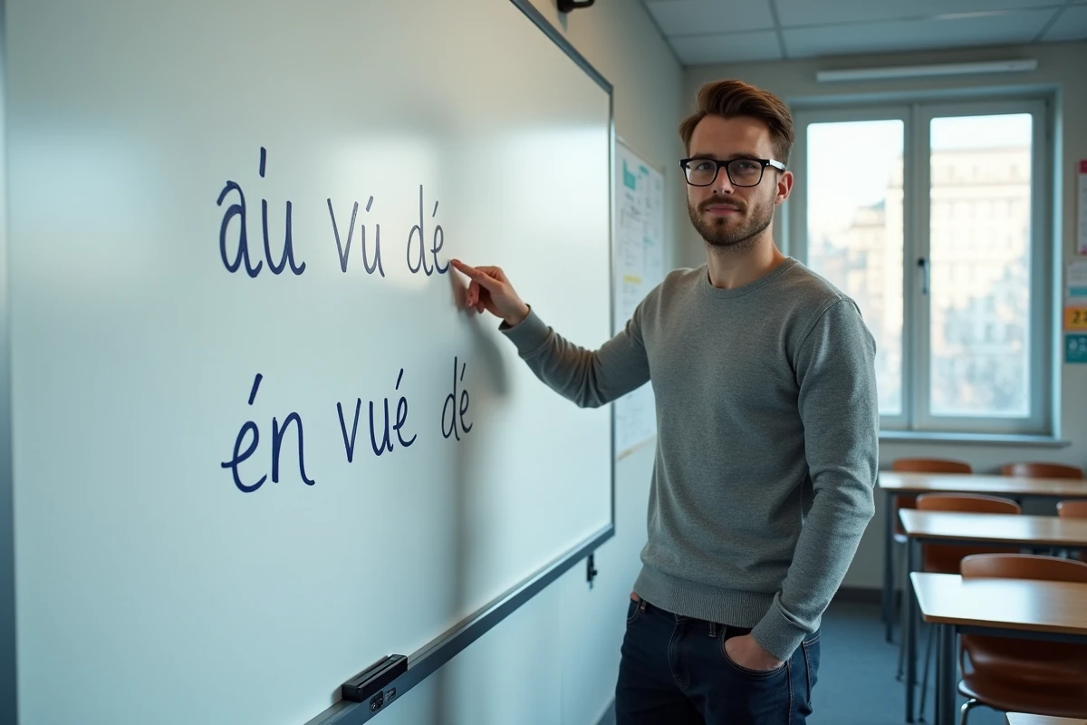 Enseignant expliquant la différence entre au vu de et en vue de sur un tableau blanc en classe