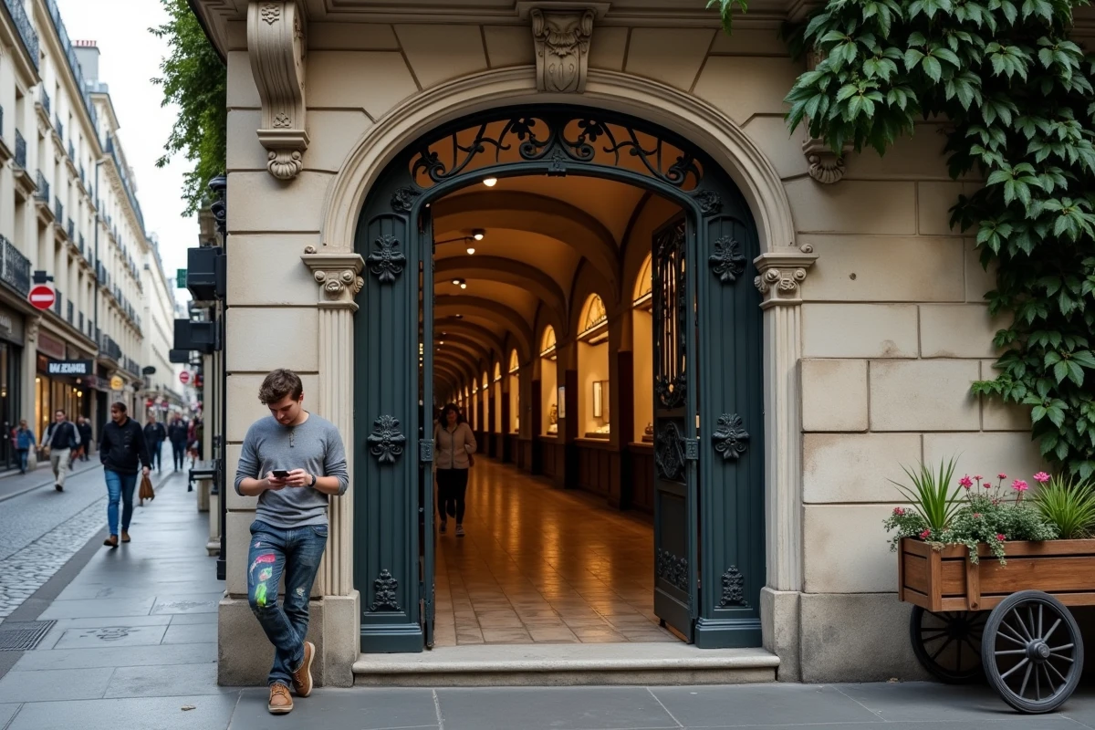 Entrée d'un passage couvert parisien avec portail en fer forgé et façade en pierre haussmannienne