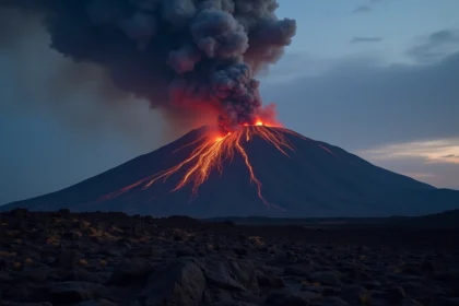 Éruption du mont Etna au crépuscule avec coulées de lave et panache de cendres volcaniques sur les pentes noires
